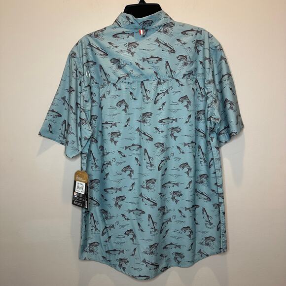 NWT American Outdoorsman Green Fishing Graphic UPF 40 Button Up Mens Size Small - Picture 2 of 10